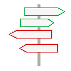 Signe composé de deux flèches de direction gauche, d'une bordure rouge et de deux flèches de direction droite, d'une bordure verte sur fond blanc