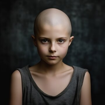 Portrait of a bald cute girl suffering cancer disease. World Cancer Day. Healthcare and medicine concept. Cinematic light, dark background..