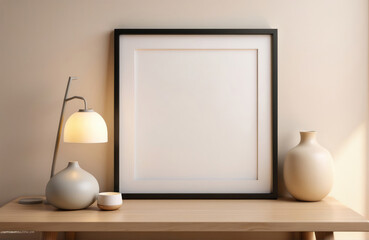 simple clean black thin frame mock up in beige wall background