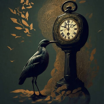 Abstract concept of time passing with a crow silhouette and old clock representing past time on dark green vintage background. Turn back, time concept, melancholic mood.