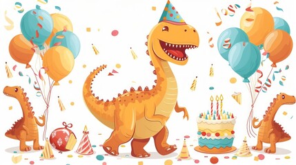 Cartoon dinosaur with birthday balloons, cake, and hats in a colorful birthday celebration scene.
