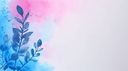 Watercolor background with blue and pink gradients and a silhouette of leaves.