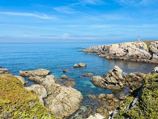 Blue ocean view, rocky coast with colorful plants, vivid ocean coast, natural colors, blue sky, summer