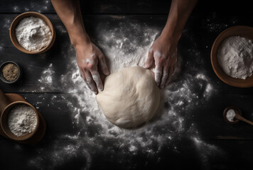 Obraz premium Pastry chef baker preparing kneading dough on black wooden table with flour top view of making bread flat lay