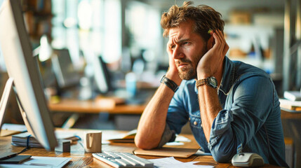 A man appears frustrated while working at a computer in a modern office setting, his hand on his forehead, a coffee cup by his side.