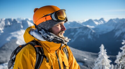 Adventurous snowboarder carving through fresh powder on a sunny winter day among frosted trees