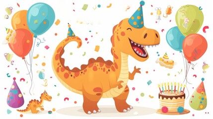 Cartoon dinosaur with birthday balloons, cake, and hats in a colorful birthday celebration scene.