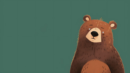 A grumpy yet lovable bear standing on a forest green background. - obrazy, fototapety, plakaty