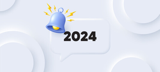 2024 year icon. Neumorphic background with chat speech bubble. Event schedule annual date. 2024 annum planner. 2024 speech message. Banner with bell. Vector
