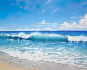 Sandy Beach with Waves Meeting the Horizon, Light Reflecting in a Bright, Invigorating Style