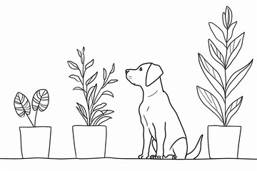 Dog next to plants with pots, in the style of gestural lines, one line drawing, traditional animation, made of wrought iron, logo, online sculpture, minimalist detail on a white background