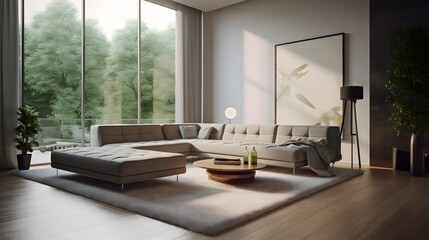 "Sleek Contemporary Living Room with Verdant View" AI-Generative