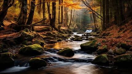 The forest has a creek during autumn.