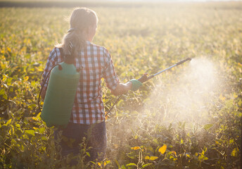 woman in a green backpack with a pressure garden sprayer spraying soybeans against diseases and...