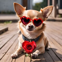 Chihuahua podenco dog in love for happy valentines day with petals and rose flower , looking up in wide angle