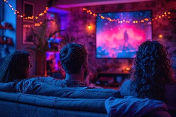Friends gathering for a virtual game night with love-themed trivi - obrazy, fototapety, plakaty