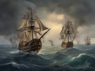 Fototapeta premium picture bombardment of two pirate ship