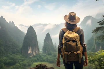 Backpacker Marvels at Breathtaking Mountains and Verdant Forest, Inviting Text to Enrich the Adventure