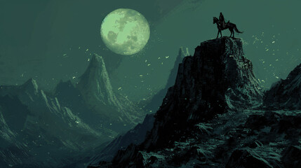 Horse riding on blue mountain with full moon moonscape painting.