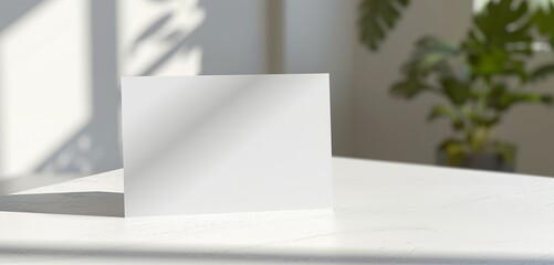 Rectangular table with cool gradient; white, empty bifold card.