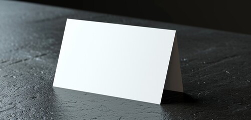 White card standing on a triangular metal table, matte black.