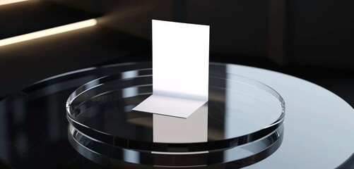 White card standing on a circular glass table, holographic effect.