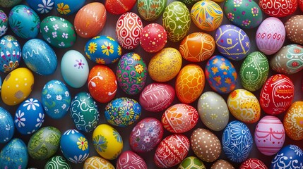 Easter eggs arranged in a random order on blue background with copy space, each egg featuring its own unique pattern and color