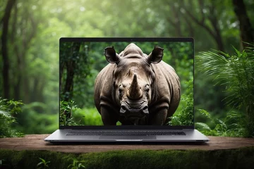 Poster rhino goes through screen of laptop on table in jungle forest, business technology with sustainability concept, animal saving movement © Денис Богдан