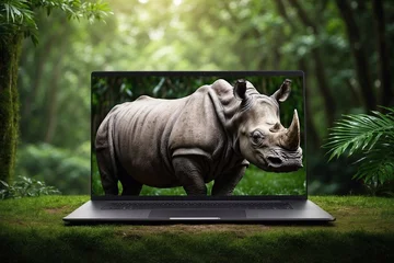 Keuken spatwand met foto rhino on screen of laptop on table in jungle forest, business technology with sustainability concept, nature saving technology © Денис Богдан