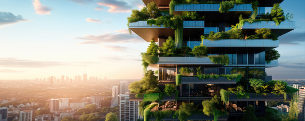 Modern residential district with green roof and balcony.	
