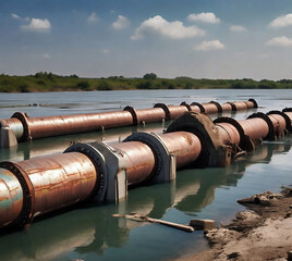Industrial landscape with old rusty pipes on the river bank and blue sky