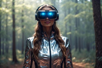 woman wearing VR glasses on forest visaluasiation - obrazy, fototapety, plakaty