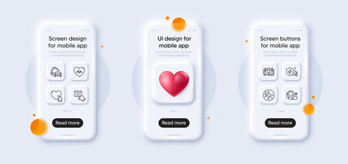 Car charging, Outsource work and Arena stadium line icons pack. 3d phone mockups with heart. Glass smartphone screen. Volunteer, Flight mode, Event click web icon. Vector