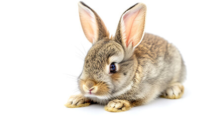 Cute fluffy bunny with large ears sitting on a white background.