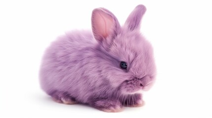 purple rabbit, a fluffy purple bunny sits on a white background, The bunny is torn from the background. Blank space for insertion. Easter bunny, hare. Easter holiday concept