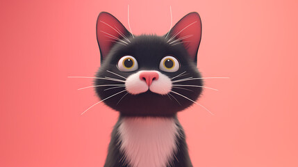 A vibrant and playful 3D cartoon cat with an adorable personality, showcased against a soothing soft pink background.