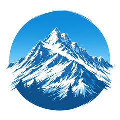 A logo illustration of a majestic mountain on a blue background. Created with generative AI.