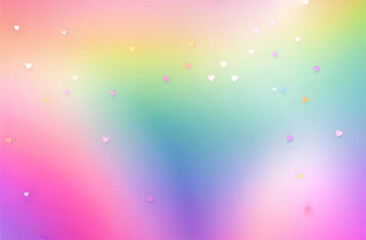 Pastel rainbow gradient background with blurry hearts in y2k style. Banner for Valentine's Day. Holographic illustration in neon colors. Cute cartoon girly background.