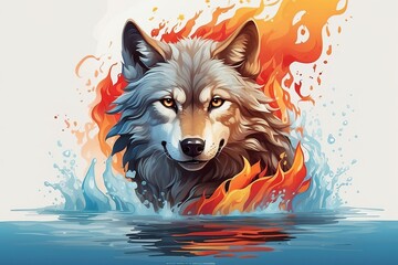 illustration of wolf fire and water