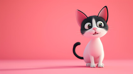 A charming 3D cartoon-like cat frolics and explores in a whimsical and adorable manner on a delicate soft pink background.