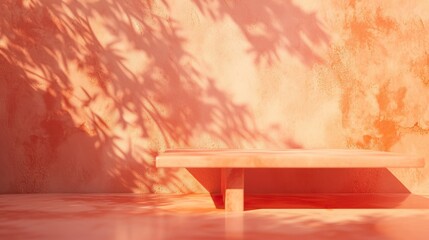 Abstract peach fuzz color gradient studio background for product presentation. Empty room with shadows of window and leaves - AI Generated Abstract Art