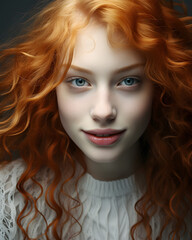 Portrait of a Woman with Beautiful Wavy Red Hair and Clean White Face