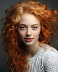 Fototapeta premium Portrait of a Woman with Beautiful Wavy Red Hair and Clean White Face