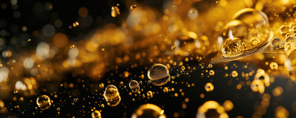 Golden liquid gel with micro bubbles as it slowly slides down on the black surface - obrazy, fototapety, plakaty