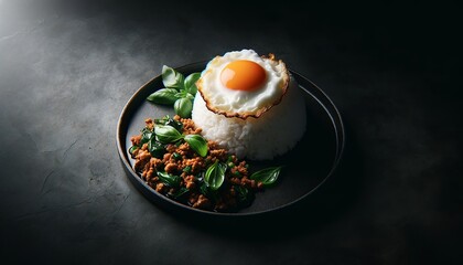 Pad Kra Pao Kai Dao Holy Basil Meat Stir-Fry with Fried egg - obrazy, fototapety, plakaty