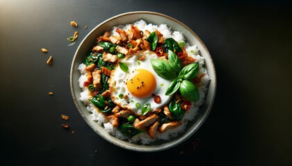 Pad Kra Pao Kai Dao Holy Basil Meat Stir-Fry with Fried egg - obrazy, fototapety, plakaty