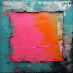 colored paint square texture background with frame, painted wall with frame, turquoise pink and orange color