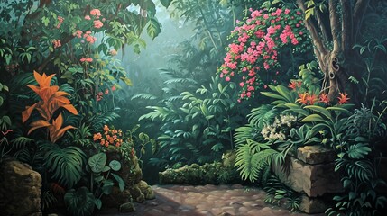 a painting of flowers and leaves
