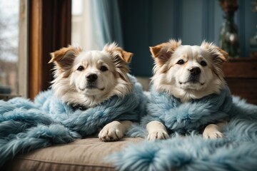 dogs in blue fluffy blanket