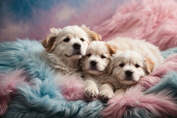 dogs in a pink and blue fluffy blanket